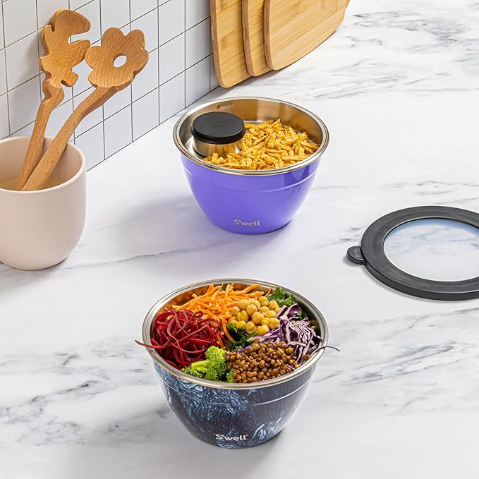 S'well Stainless Steel Salad Bowl Kit 64oz, Hillside Lavender, Comes with 2oz Mini Canister and Removable Tray for Organization, Leakproof, Easy to Clean, Dishwasher Safe