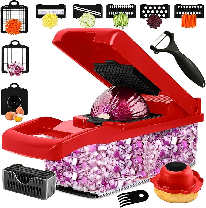 16-in-1 Vegetable Chopper and Slicer with 8 Blades – Veggie Cutter, Dicer, Food Chopper with Container & Lid – Multi-Purpose Kitchen Tool for Easy Meal Prep (Red)