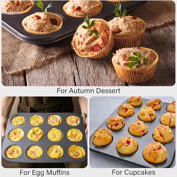 4 Pack Muffin Pan for Baking, Standard Cupcake Pan with 200 Natural Cupcake Liners, Muffin Tin Nonstick 12 Cup, Carbon Steel Muffin Cupcake Tary Baking Supplies