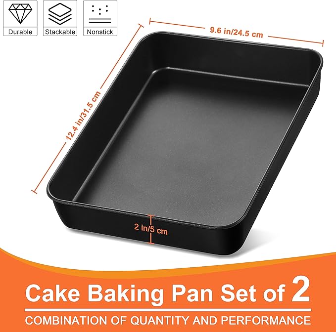 Herogo Rectangle Cake Pan Set of 2, 9 X 13 Inch Non-Stick Baking Pan for Oven, Stainless Steel Black Lasagna Brownies Casseroles Cakes Bakeware, Oven Safe