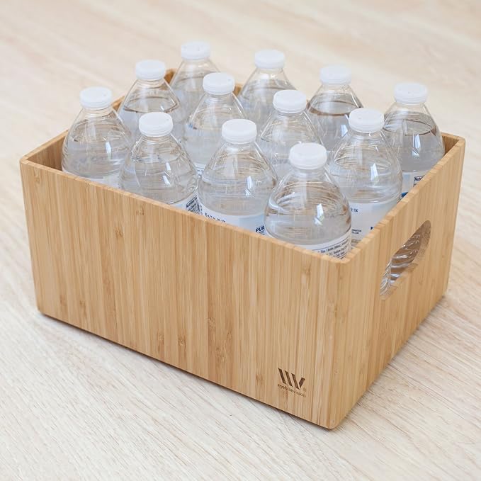 MobileVision Bamboo Storage Box Multi-Purpose Organizer for Kitchen Supplies Holder, Fruit Bin, Cabinets, Pantry with built in handles, stackable, 12” x 9” x 6” With White Clip Included