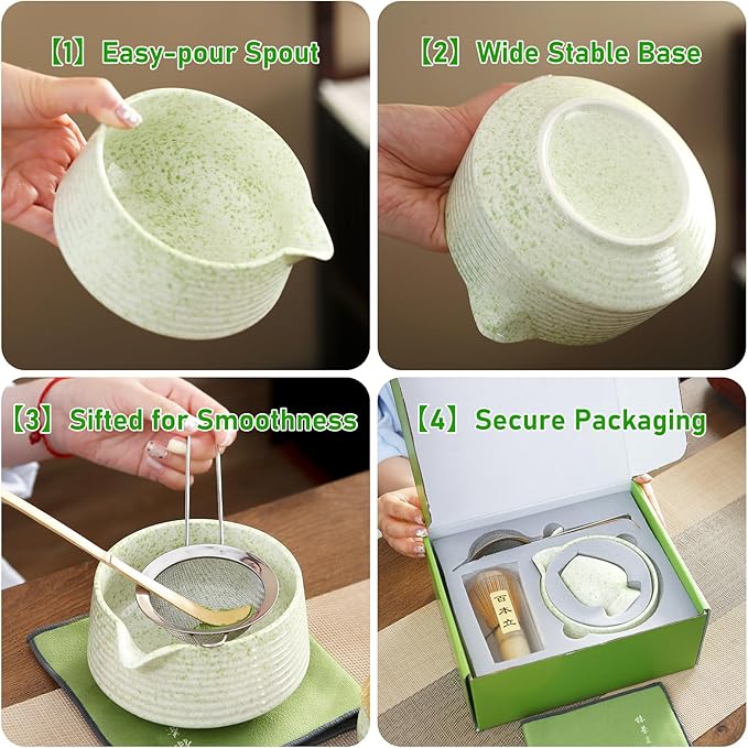 Matcha Whisk Set, Ceramic Matcha Set with Spout, Matcha Bowl Kit with Sifter, Whisk and Holder, Bamboo Scoop, Scoop Rest, Tea Towel, 7 Pcs Matcha Kit Set for Making Breakfast/Latte for Matcha Lovers