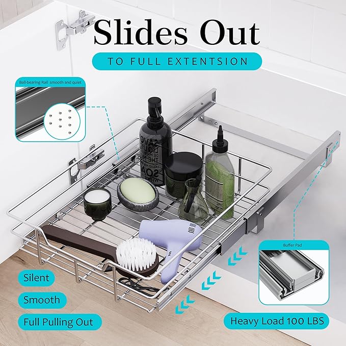 Pull Out Cabinet Organizer 11" W X 17" D, Slide Out Drawers For Kitchen Organizers and Storage, Pull Out Drawers For Cabinets Capacity Heavy Duty Caddy, Cabinet Shelves Chrome-Plated, Bathroom Pantry