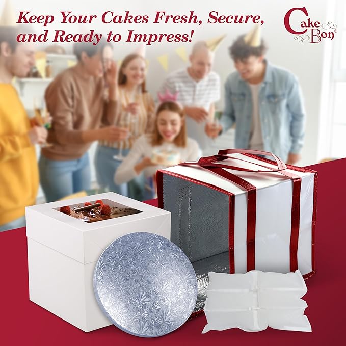 Cakebon Cake Box and Boards, 10-Inch Round Silver Smooth Edges 1/2- Inch Thick Drums with Insulated Bag and Ice Pack – Cake Transport Set, Cooler for Cake Delivery and Transport (1pc Each, 4pcs Total)