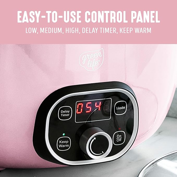 GreenLife 8QT Slow Cooker, Non-Toxic PFAS-Free Ceramic Nonstick Removable Interior Bowl, Programmable, Family Friendly, Keep Warm, Stovetop & Oven Safe, Dishwasher Safe Parts, Timer, Glass Lid, Pink