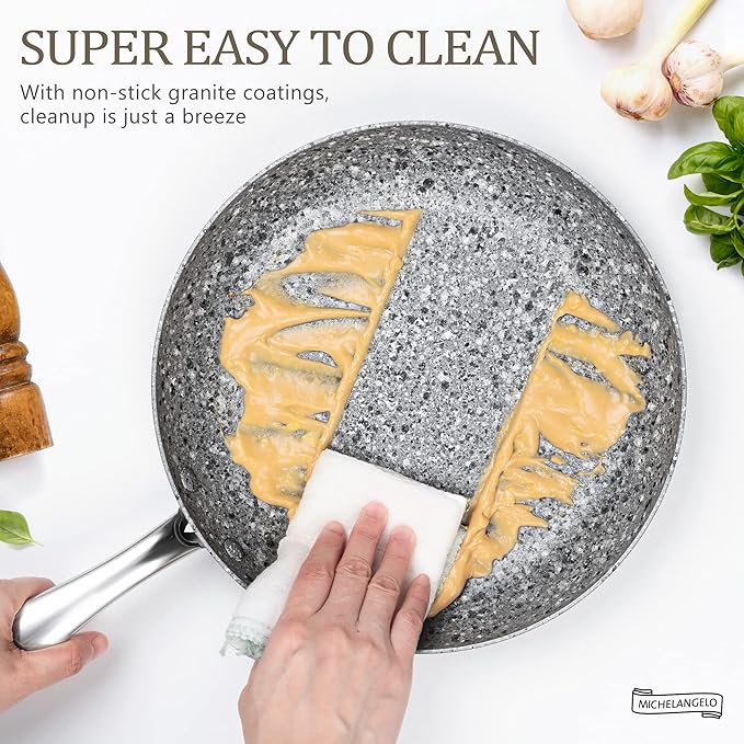 MICHELANGELO Frying Pan Set with Lid, 8" & 10" Granite Frying Pan Set with 100% APEO & PFOA-Free Stone Non Stick Coating, Granite Skillet Set with Lid, Nonstick Frying Pans 2 Piece - 8"+10"