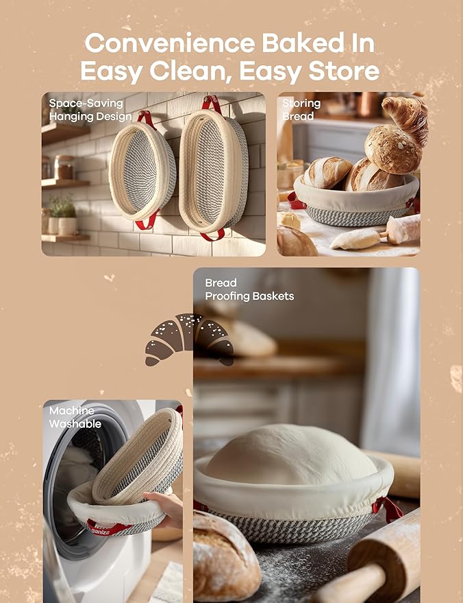 Ganiza Sourdough Starter Kit, Cotton Rope Sourdough Bread Baking Supplies, 9'' Round & 10'' Oval Banneton Basket with Liners & Covers, Sourdough Proofing Basket Kit Gifts for Bakers Women Wife Mom