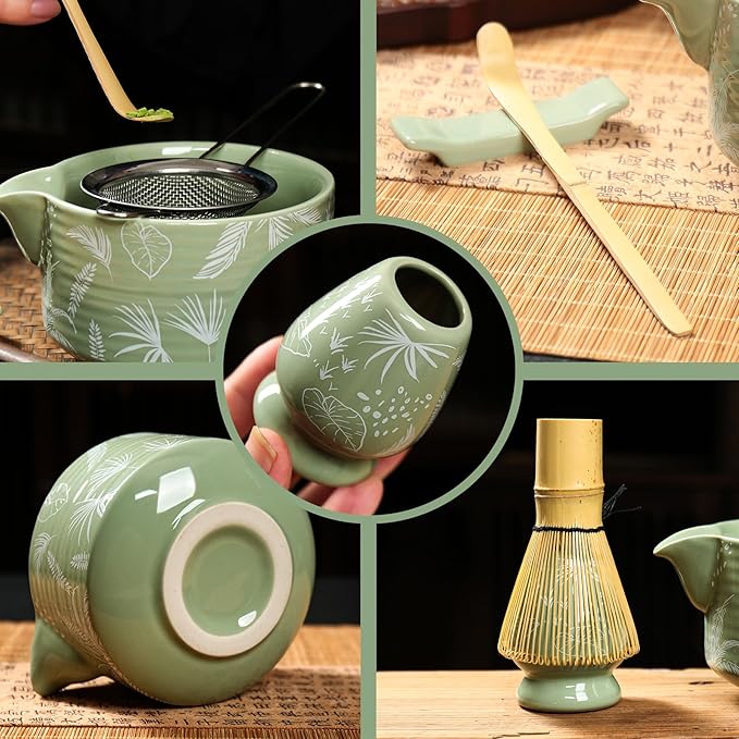 Matcha Bowl and Whisk Set, Ceramic Matcha Set Includes Matcha Bowl with Spout, Whisk & Holder, Bamboo Scoop, Stainless Sifter, Towel, Matcha Kit Making Tools,Light Green,7 PCS