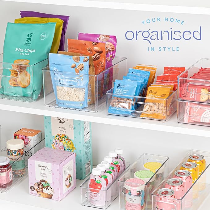 Plastic Food Storage Clear Container Bin with Handles for Organizing Kitchen, Pantry, Refrigerator, Freezer, Pantry, Cabinet, Closet, Bathroom. Stackable 10"X4"3"