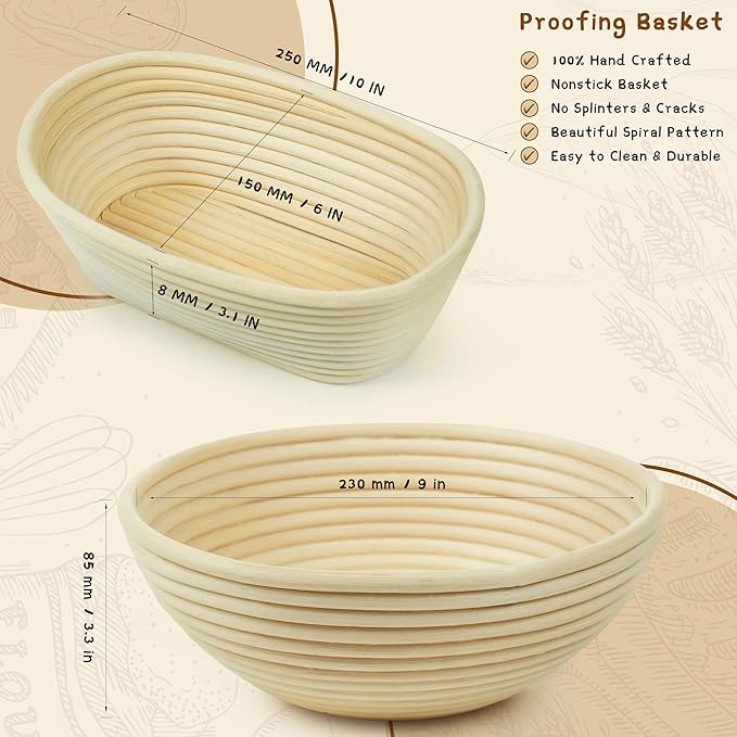 Sourdough Bread Baking Supplies Set, 10 Inch Oval Brotform & 9 Inch Round Banneton Bread Proofing Baskets with Linen Liner, Sourdough Starter Kit, Natural Rattan Shape Dough Proofing Bowl