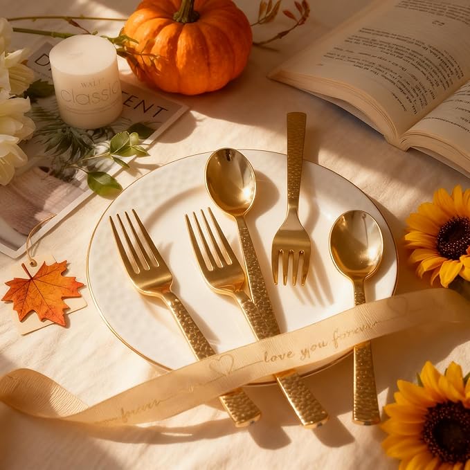 KIRE 400PCS Gold Plastic Spoons and Forks Disposable - Gold Plastic Silverware Set Disposable - 200 Forks and 200 Spoons for Thanksgiving Party, Birthday