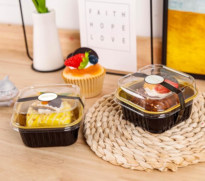 50 Pcs Mini Square Baking Cups with Lids and Spoons Aluminum Foil Mini Cake Pans with Lids Disposable Ramekins Cake Pans Dessert Cups for Wedding Birthday Party(Black Gold,5oz)