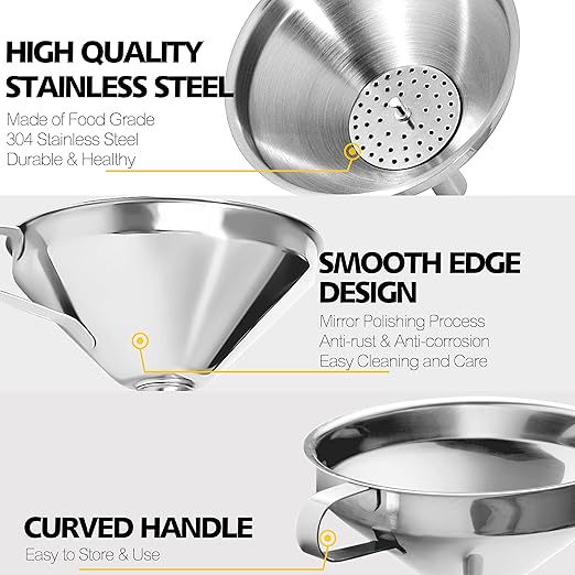 Anaeat Stainless Steel Kitchen Funnel, Multi-Use Premium Metal Food Grade Cooking Funnels with 2 Removable Strainer Filter for Transferring Liquid or Dry ingredients, Oils & 1 Pc Cleaning Brush (5.7")