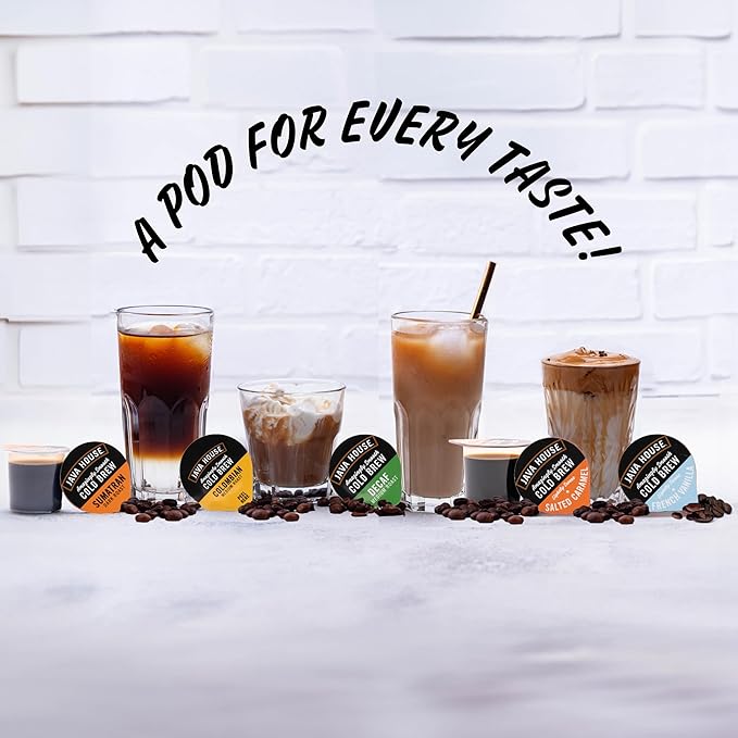 JAVA HOUSE Salted Caramel Latte Cold Brew Coffee Pods, (48 Count) Peel and Pour Pods Hot or Iced