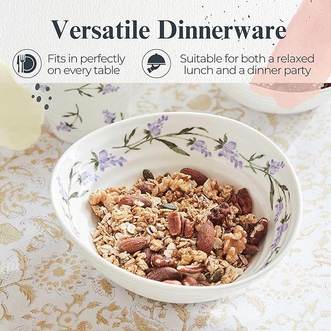Portmeirion Sophie Conran Lavandula Cereal Bowls, Set of 4 – Ripple Design Floral Porcelain Serving Bowls for Soup, Salad, Dessert & Ice Cream – Stackable Lavender 7.5-Inch Everyday Dinnerware