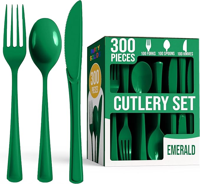 Party Solids Emerald Green Plastic Silverware Heavy Duty 300 Pcs Green Plastic Cutlery Sets, Utensil Sets, 100 Of Each Forks, Knives & Spoons Disposable Cutlery Set, Flatware Set For Party Supplies