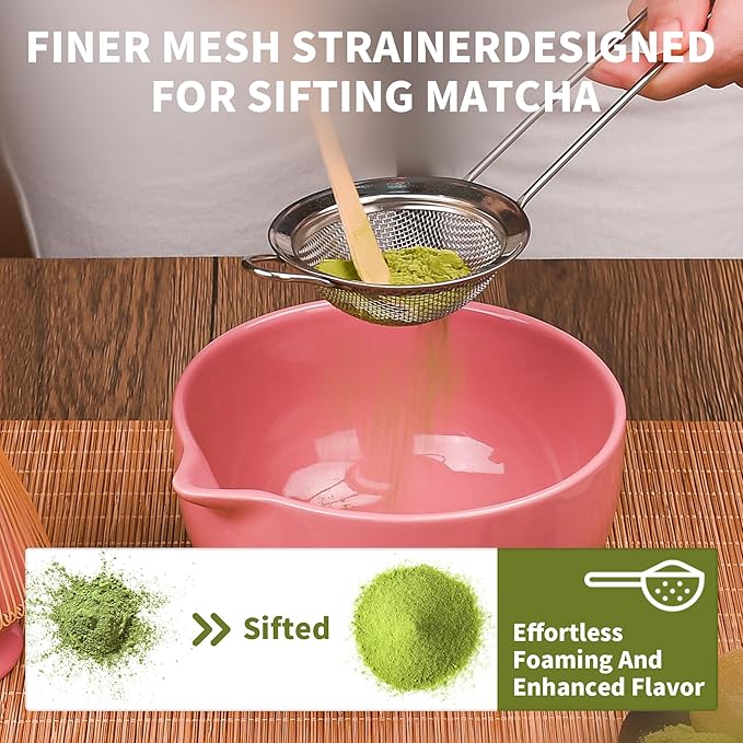 Matcha Whisk Set, 7 Pcs Matcha Kit with Matcha Bowl, Spout, Whisk and Holder, Bamboo Scoop and Stainless Steel Sifter, Japanese Matcha Set for Ceremony, Gift for Matcha Lover