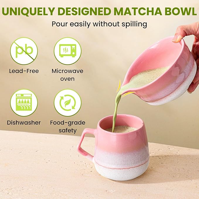 Matcha Whisk Set, Ceramic Matcha Set Desert Series, Matcha Bowl, Matcha Whisk and Holder, Bamboo Scoop, Scoop Rest, Sifter and Tea Towel 7 Pcs Matcha Kit for Birthday Christmas Gift (Pink)