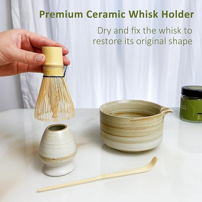 4pcs Matcha Set, Japanese Matcha Kit with Whisk, 17oz Ceramic Bowl with Spout, Whisk Holder & Bamboo Scoop for Starter, Tea Ceremony, Tea Lover, Gift