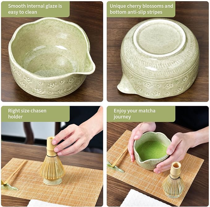Matcha Whisk Set - Complete 8-Piece Japanese Tea Making Kit With Ceramic Bowl (Chawan), Bamboo Whisk (Chasen), Sifter, Scoop, Holder & Guide - Ideal Gift For Tea Enthusiasts (Mottled Green)