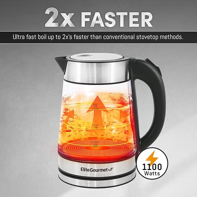 Elite Gourmet EKT602X Glass Electric Tea Kettle Hot Water Heater Boiler BPA-Free with Blue LED Interior, Fast Boil and Auto Shut-Off, Strix Controller, 1.7L, Stainless Steel