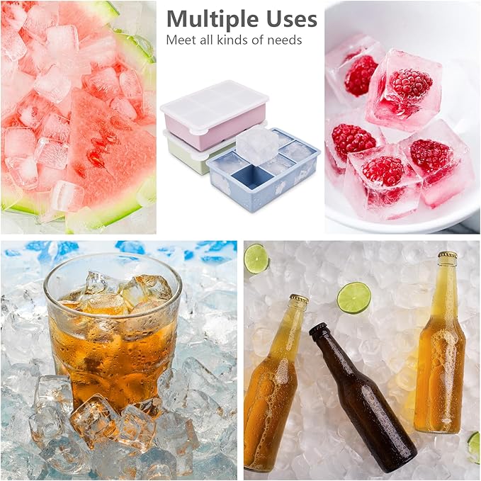 Ice Cube Tray, 3 Pack Silicone Ice Cube Molds with Removable Lid, Easy Release & Reusable Large Square Freezer Trays for Whiskey, Cocktail, Drinks, Coffee, Juice (Blue Pink Green)