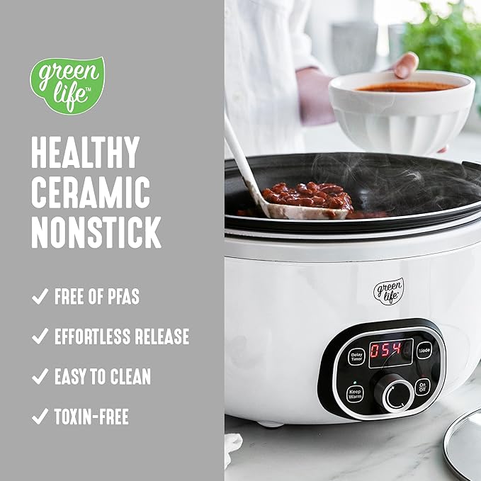 GreenLife 8QT Slow Cooker, Non-Toxic PFAS-Free Ceramic Nonstick Removable Interior Bowl, Programmable, Family Friendly, Keep Warm, Stovetop & Oven Safe, Dishwasher Safe Parts, Timer, Glass Lid, White