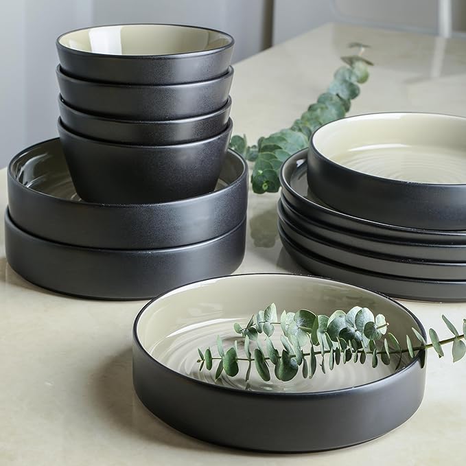 Stone Lain Elica Stoneware 12-Piece Dinnerware, Plates and Bowls Sets, Service for 4, Beige and Black, Modern Dishware, Microwave & Dishwasher Safe