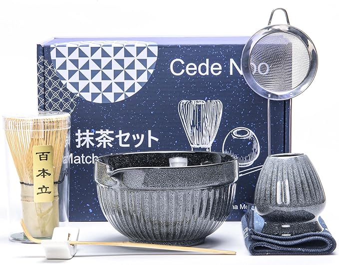Matcha Whisk Set, Ceramic Matcha Bowl with Spout, Bamboo Whisk, Scoop, Ceramic Holders, Stainless Sifter, Towel, Perfect 7pcs Matcha Starter Kit for Tea Ceremony, Japanese Tea Making Tools (Grey)