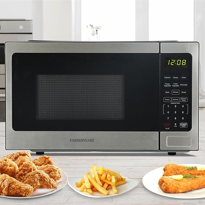 Farberware 0.9 Cu. Ft. Countertop Microwave Oven – 900 Watts Power, Auto Cook Settings, Defrost, Easy Clean and Child Safety Lock-Stainless, Stainless Steel