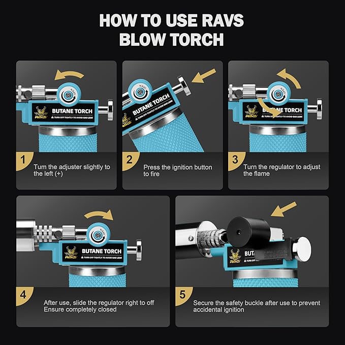 RAVS Butane Torch Lighter, Refillable Kitchen Torch with Safety Lock and Adjustable Flame, Creme Brulee Torch for Baking, BBQ, Blue Blow Torch for Cooking, Mens Gifts, Butane Gas Not Included