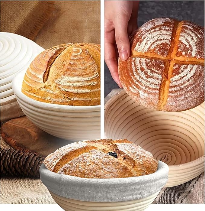 Premium Banneton Bread Proofing Baskets Set of 2 (10" round baskets) with Liners + Starter Kit - 100% Indonesian Natural Rattan Sourdough Bread Baking Tools