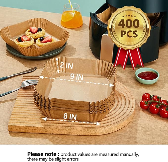 9 Inch Air Fryer Liners Disposable, 400Pcs Air Fryer Paper Liners, Oil-Proof & High-Temperature Resistant Parchment Baking Paper for Air Fryer, Microwave and Oven（Bottom Is 9 Inch）