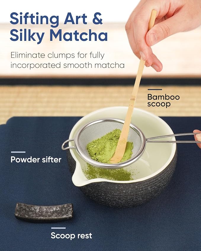 7 Pcs Matcha Kit Set, Matcha Whisk and Bowl with Spout, Powder Sifter, Whisk Holder, Bamboo Scoop and Scoop Rest, Perfect Prepare Tools for Making Matcha Tea (Charcoal Grey)