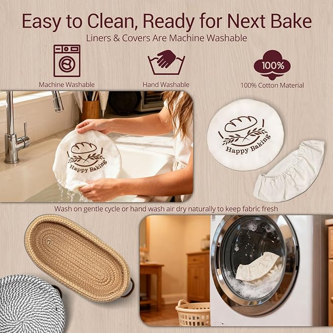 Banneton Bread Proofing Basket – Sourdough Starter Kit with 9" Round & 10" Oval Cotton Rope Baskets, Liners & Covers sourdough Bread Proofing Supplies, Baking Bread Bowl for Proofing