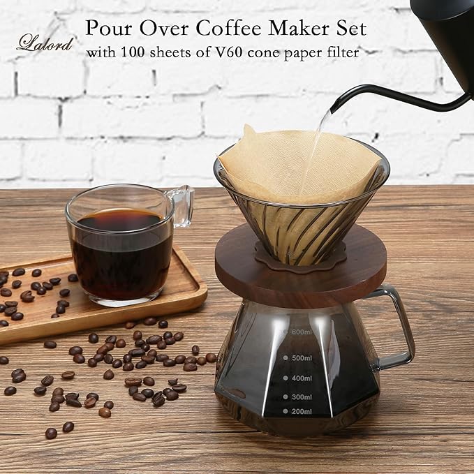 Pour Over Coffee Maker, 20 oz Borosilicate Glass Carafe with 100 pcs V60 Paper Filter, Walnut Handle & Glass Lid, Drip Coffee Maker for Home Café Restaurant Camping, 600 ml, Gray