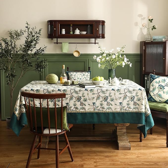 patdrea Designer Green Linen Table Cloth for Rectangle Table,Vintage Floral Pattern Durable Tablecloth,French Cover Decor for Kitchen Dining,Christmas,Thanksgiving,Tea Party,55"x79"-Noah