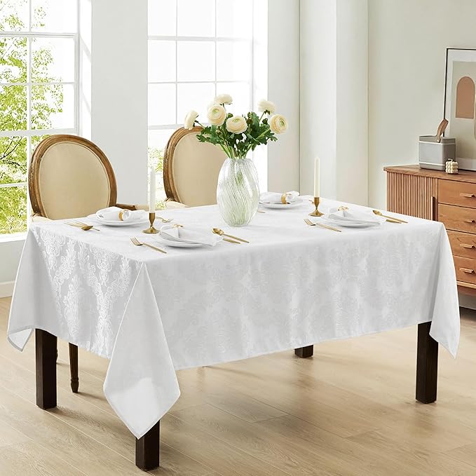 Newbridge Barcelona Luxury Damask Fabric Tablecloth, 70” Extra Wide x 126” Rectangle, White, 100% Polyester, No Iron, Soil Resistant Dining Room, Party and Banquet Table Cover