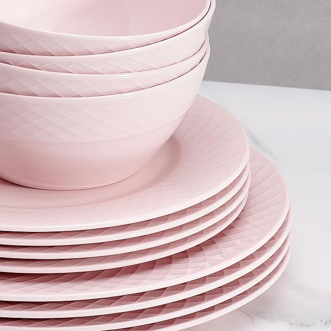 Miksa Trellis Pink Bone China Chip Resistant Lightweight 12 Piece Dinnerware Set, Service for 4