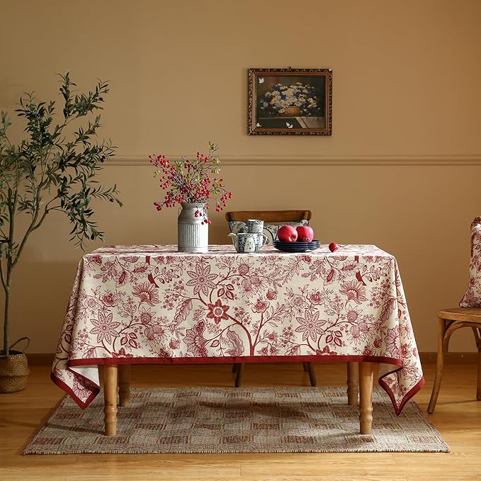 ISAENNE Designer French Linen Table Cloth for Rectangle Table,Red Floral Washable Indoor Tablecloth,Durable Home Decor Tablecloths for Dining Thanksgiving Kitchen Party Christmas,55"*79"-Ruyi A