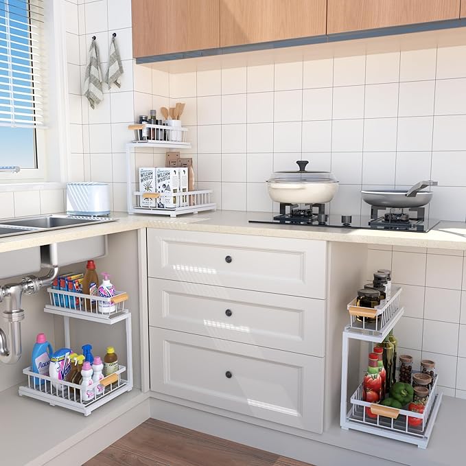 Under Sink Cabinet Organizer, 2-Tier Pull Out Storage Shelves, Adjustable Bathroom Kitchen Drawer (White, 2-Pack)