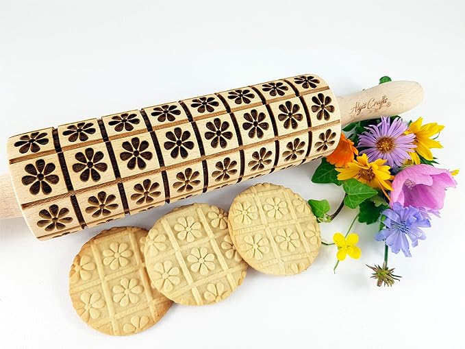 Rolling Pin DAISY Wooden Embossing Rolling Pin with Classic Flowers Embossed Cookies Pottery Birthday gift for mother friend grandmother