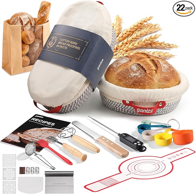 Ganiza Sourdough Starter Kit, Cotton Rope Sourdough Bread Baking Supplies, 9'' Round & 10'' Oval Banneton Basket with Liners & Covers, Sourdough Proofing Basket Kit Gifts for Bakers Women Wife Mom