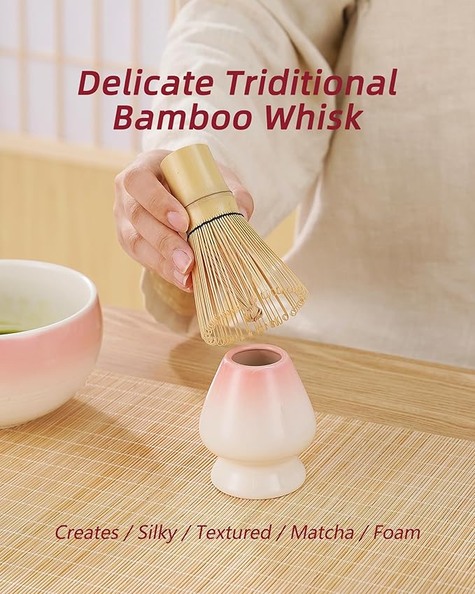 ZENS Pink Matcha Set, 6pcs Matcha Kit Includes Ceramic Bowl, Handcrafted Bamboo Whisk and Chasen Holder, Scoop, 304 Sifter & Tea Mat, Matcha Whisk Set Gift for Matcha Lovers
