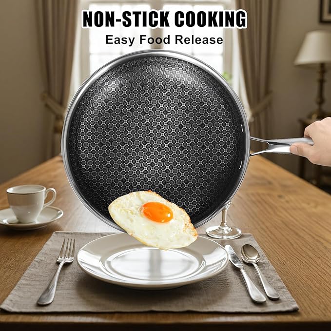 12 Inch Frying Pan,Non Stick Frying Pans,Stainless Steel Skillet,Non-Toxic,PFAS-Free,Suitable for All Cooktops.