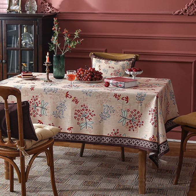 patdrea Designer Linen Extra Long Rectangular Table Cloth,Vintage Red Floral Tablecloth,Breathable Table Cover for Kitchen Dining,Tea Party,Christmas,Thanksgiving,Holiday,63"x110"-Newmari