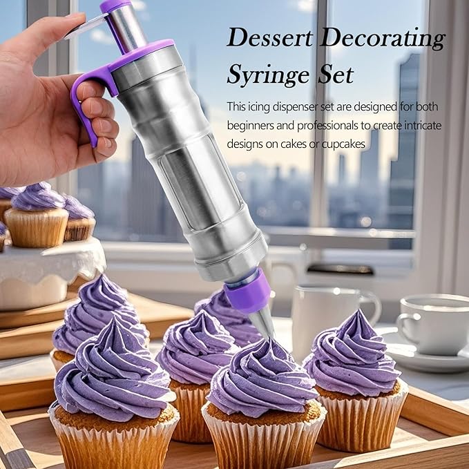 Dessert Decorating Syringe Set, Frosting Piping Kit Cake Decorating Tool, 6 Stainless Steels Piping Tips, 2 Couplers, 9 Silicone Baking Cups, Cupcake Frosting Filling Injector Icing Piping Kit