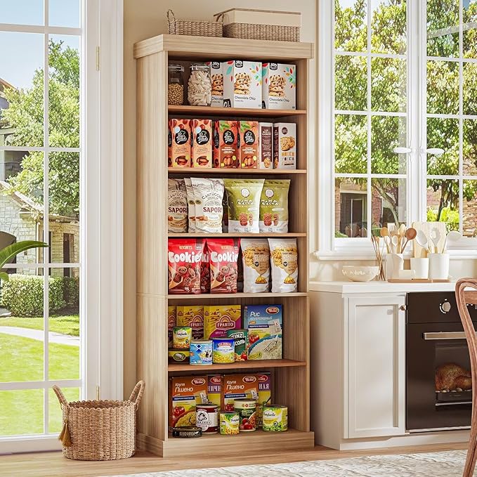 70.8" Tall Farmhouse Bookshelf with Glass Doors, Modular Bookcase with 6-Tier Adjustable Shelves, Large Storage Cabinet for Kitchen, Living Room, Brown, Set of 2
