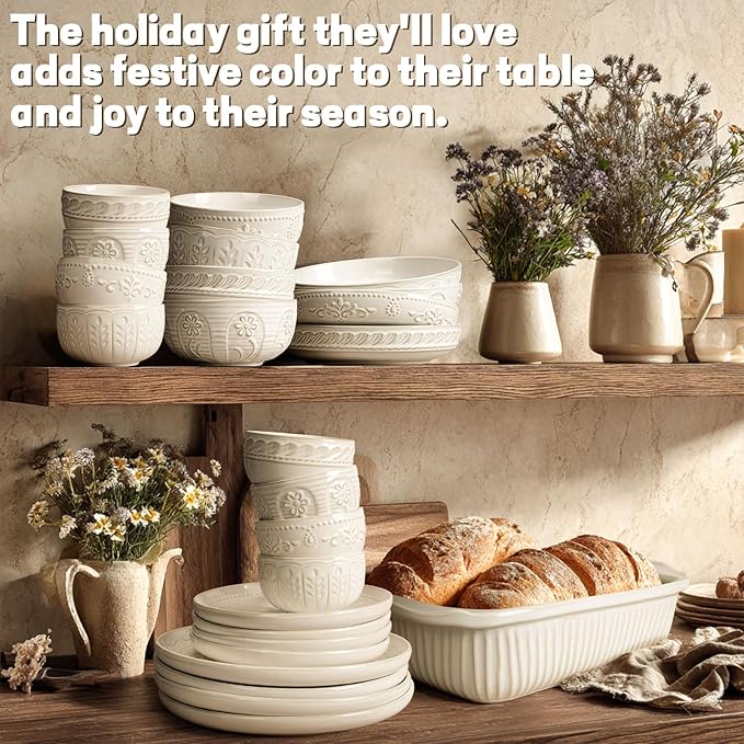 Artena Small Bowls Set of 4, 12 oz Ceramic Embossment Dessert Bowls, white Bowl for Kitchen, Ice Cream, Side Dishes, Rice, Cereal, Fruit, 4.5 Inch, Microwave & Dishwasher Safe, Willow Leaf