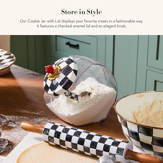 MACKENZIE-CHILDS Cookie Jar with Enamel Lid, Large Glass Treat Jar or Kitchen Jar, 1-Gallon Capacity, Black-and-White Courtly Check